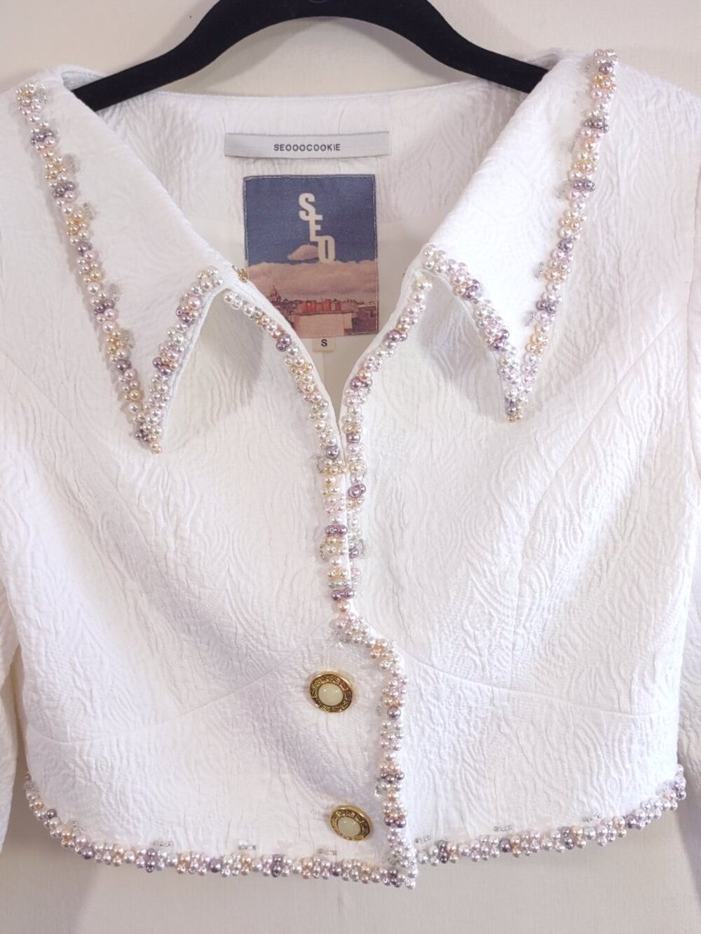 Seooocookie Maria Handmade Pearl Jacket Size Small Crop Cream Feminine K-Fashion - Picture 3 of 11